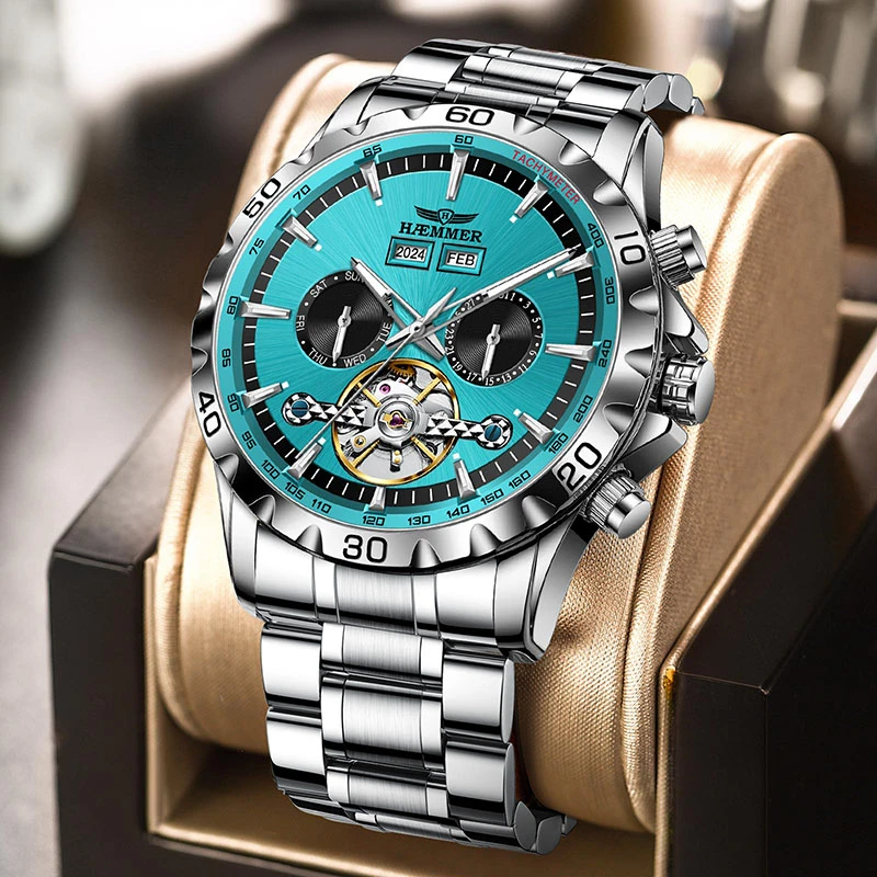 缤宝蓝机械表万年历全自动夜光防水大气时尚高档大表盘男士手表