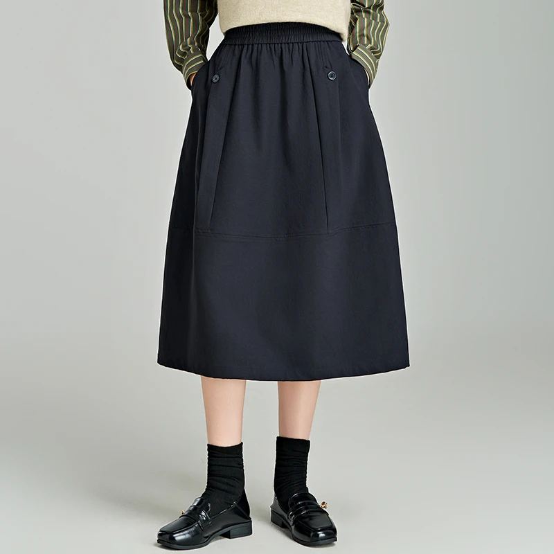 松紧腰花苞半身裙女秋冬2025新款宽松减龄蓬蓬a字裙中长休闲裙子