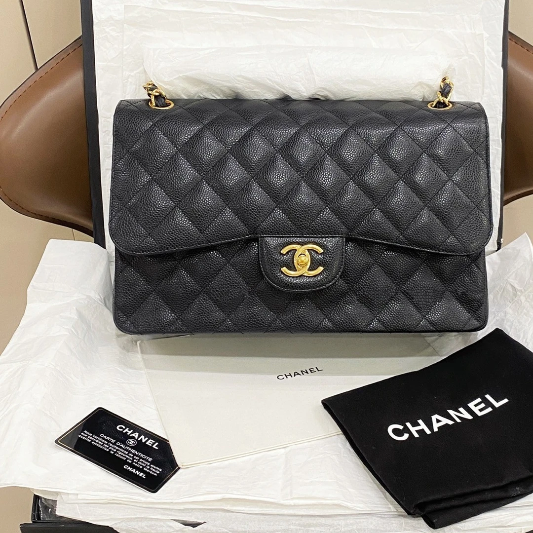 95新 Chanel/香奈儿 经典jumbo黑金荔枝纹牛皮链条包