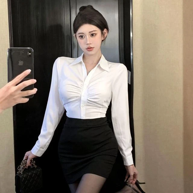 收腰高级衬衫气质职业修身显瘦白色衬衣高腰性感包臀裙套装