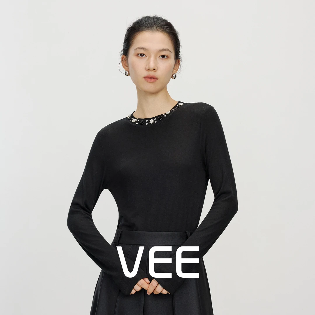 VEE【精致打底衫】羊绒领口钉珠舒适弹力打底衫