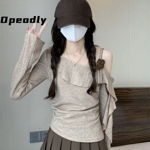 Opeodly韩版不规则斜肩针织衫女秋季新款纯欲打底荷叶边花朵上衣