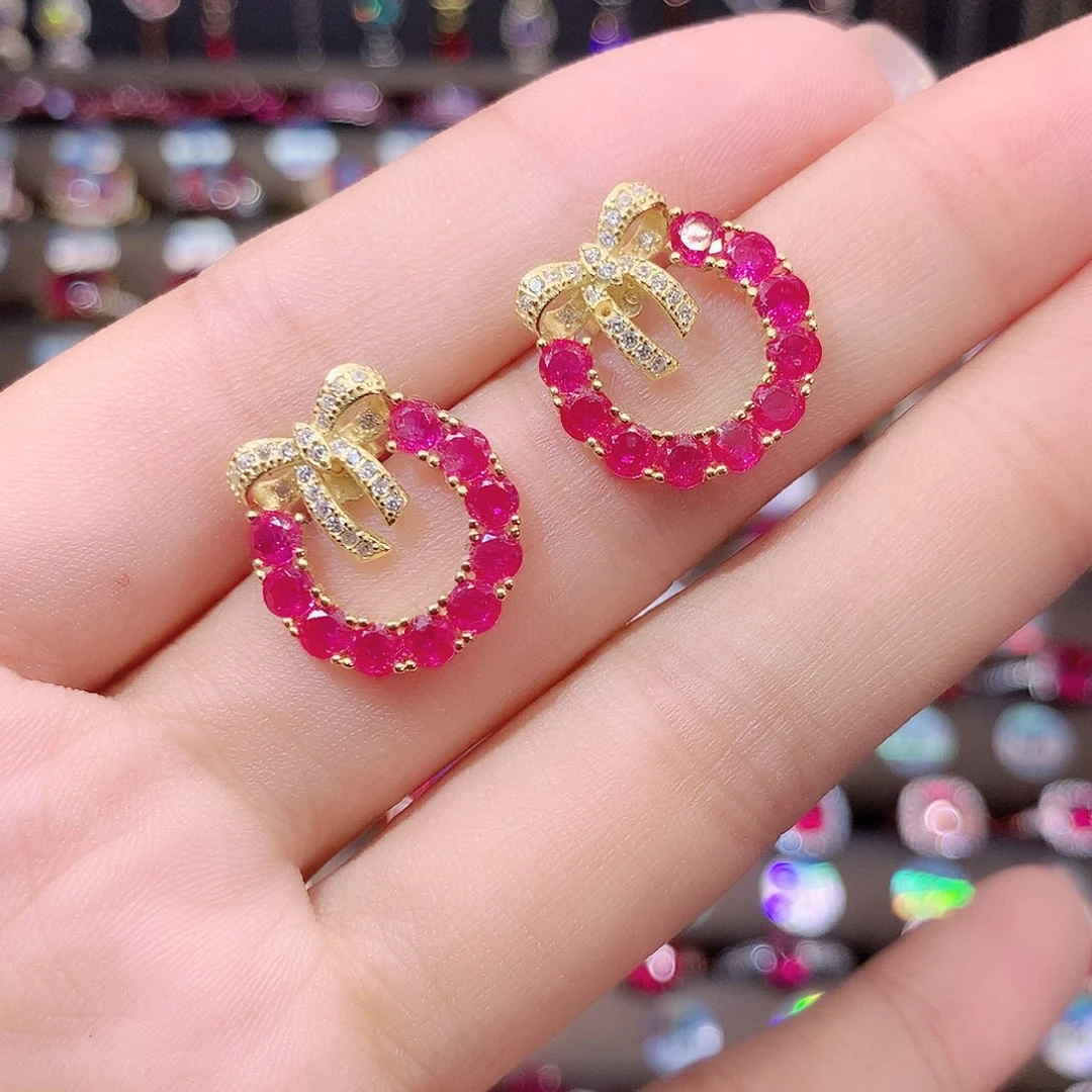 耳饰银S925镶嵌红宝石金