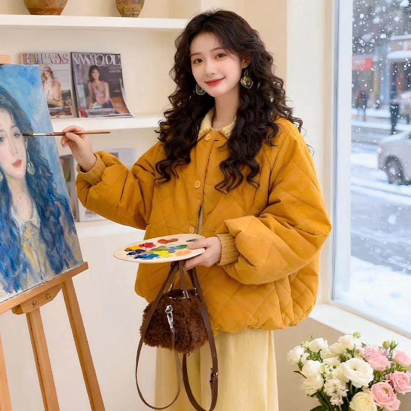 棉服女款2025新款冬季韩系休闲百搭黄色短款夹棉加厚保暖棉衣外套