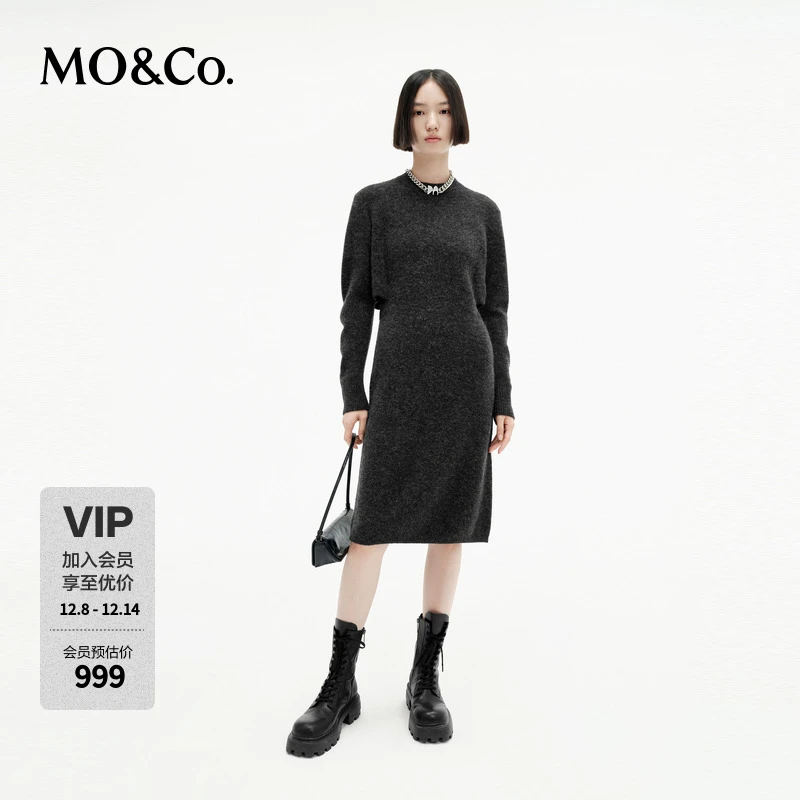 MOCO绵羊毛骆马绒裂口收腰高腰直筒针织连衣裙MBC4DRSK01
