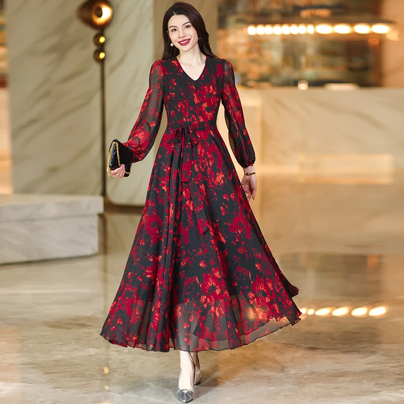 半棠红长袖裙子女2025春季新款气质爆款收腰显瘦超长到脚踝连衣裙