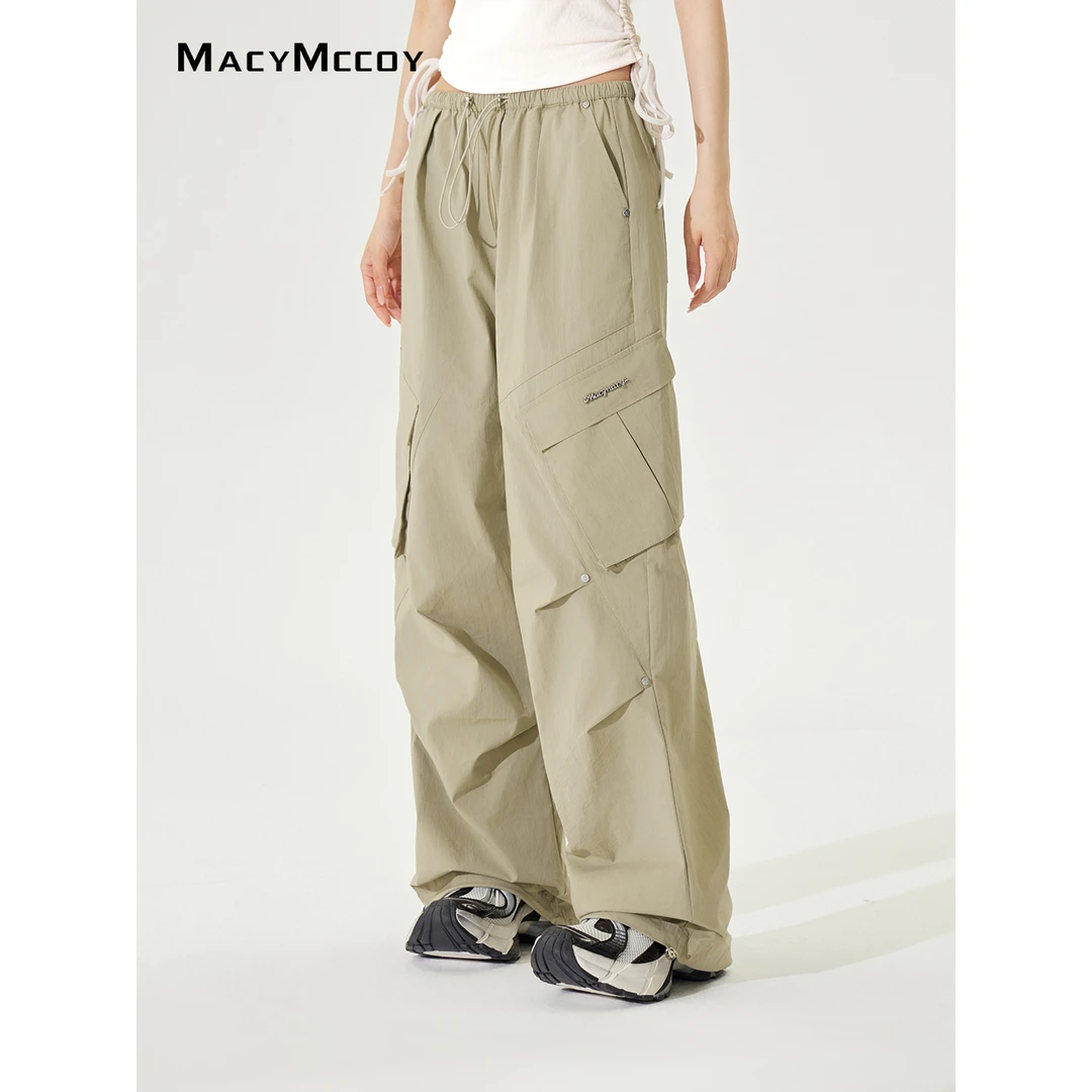 MacyMccoy褶皱低腰工装裤女夏季美式高街风轻薄显瘦百搭休闲长裤
