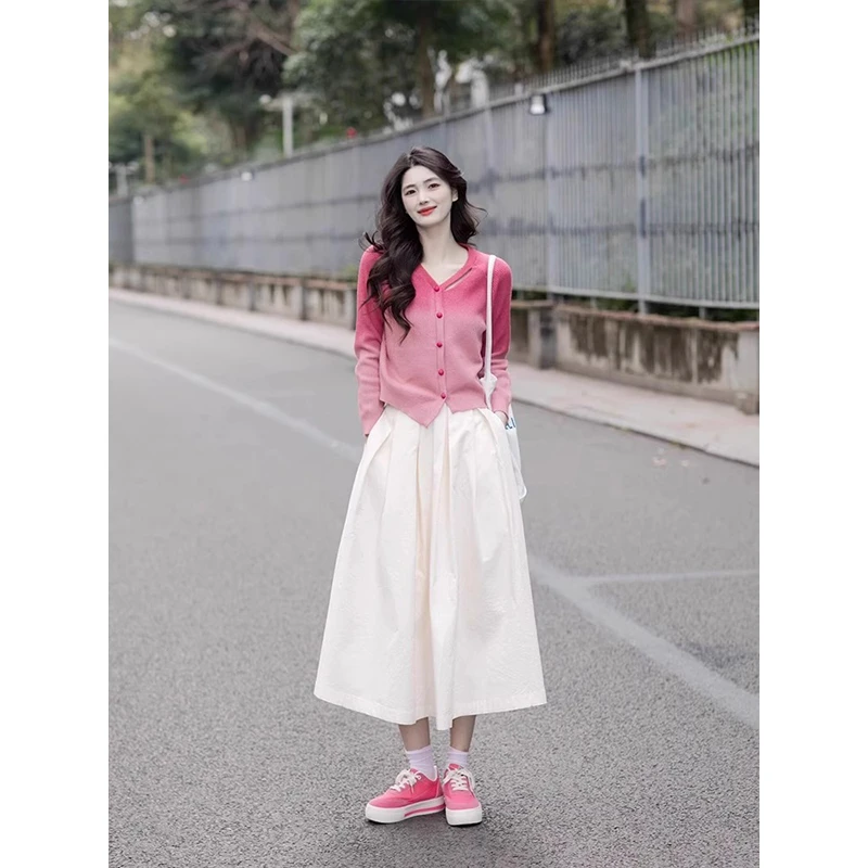 温柔渐变粉色毛衣今年流行漂亮套装裙针织衫半身裙子微胖女连衣裙