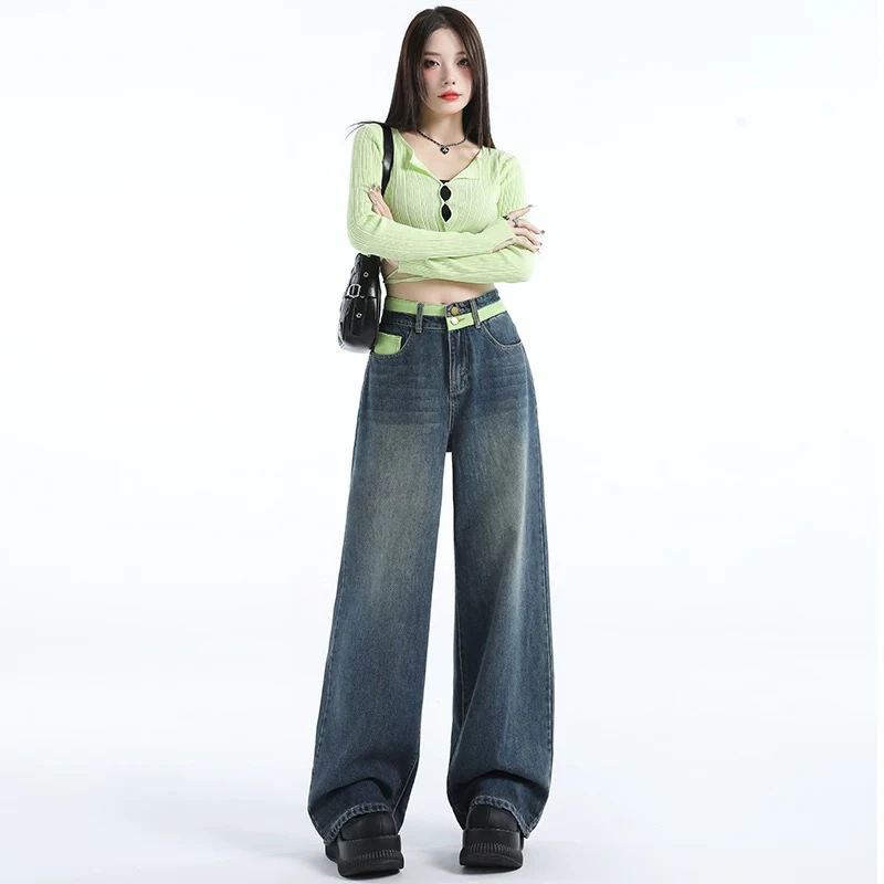 复古腰头翻边阔腿牛仔裤高腰设计显高显瘦拖地裤