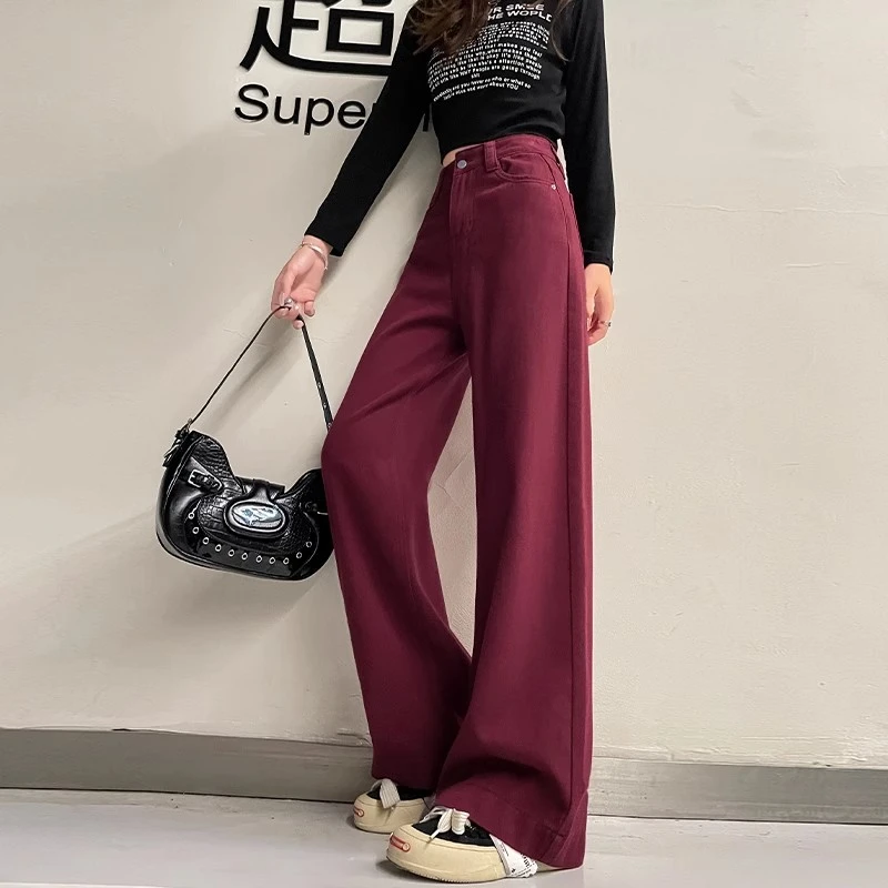 安哥拉红直筒牛仔裤女2025新款高腰窄版春秋夏新款宽松阔腿加长裤