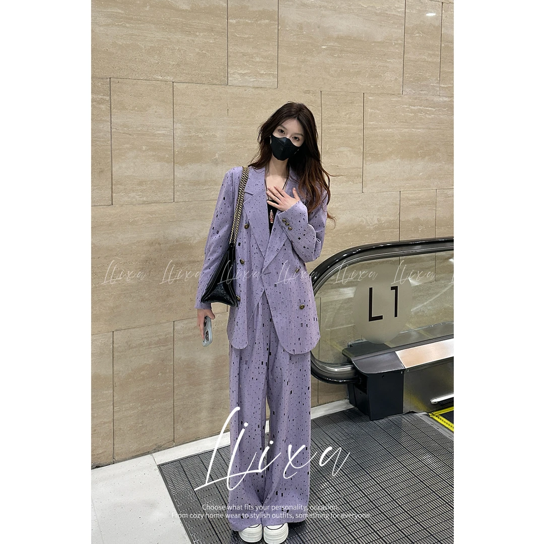 Liixu高级感西装套装女烫钻外套美背休闲阔腿裤三件套24TZ087