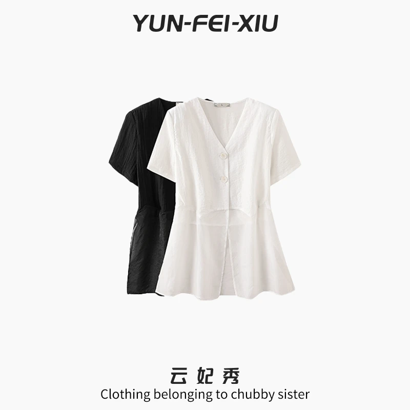 云妃秀大码女装衬衫时尚休闲质感褶皱宽松显瘦遮肉胖妹妹夏季6301