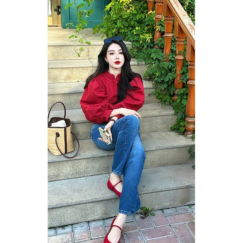 2025新款女士早春季法式气质御姐休闲红色衬衫上衣高腰显瘦牛仔裤