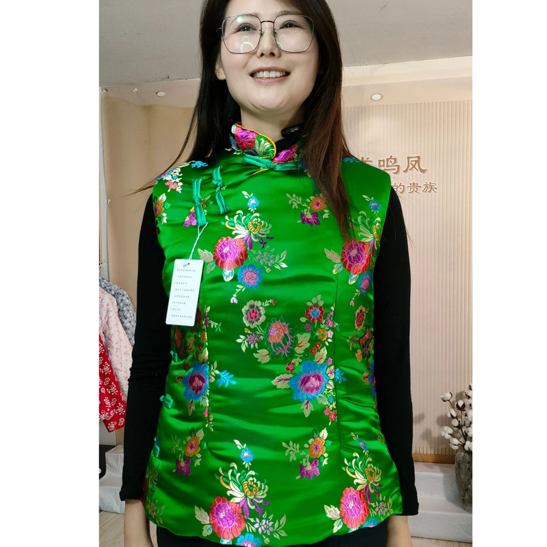 绣花棉花偏襟立领网红中式大花马甲绿色上衣民族风复古国风马夹