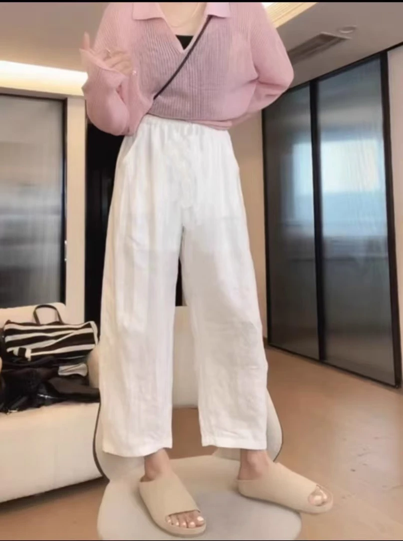 大码九分阔腿亚麻休闲裤女夏薄款胖mm梨形显瘦直筒宽松哈伦奶奶裤