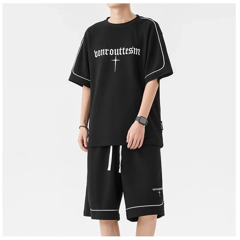 冰丝短袖t恤男士男装夏季新款潮牌宽松休闲夏天运动套装篮球衣服