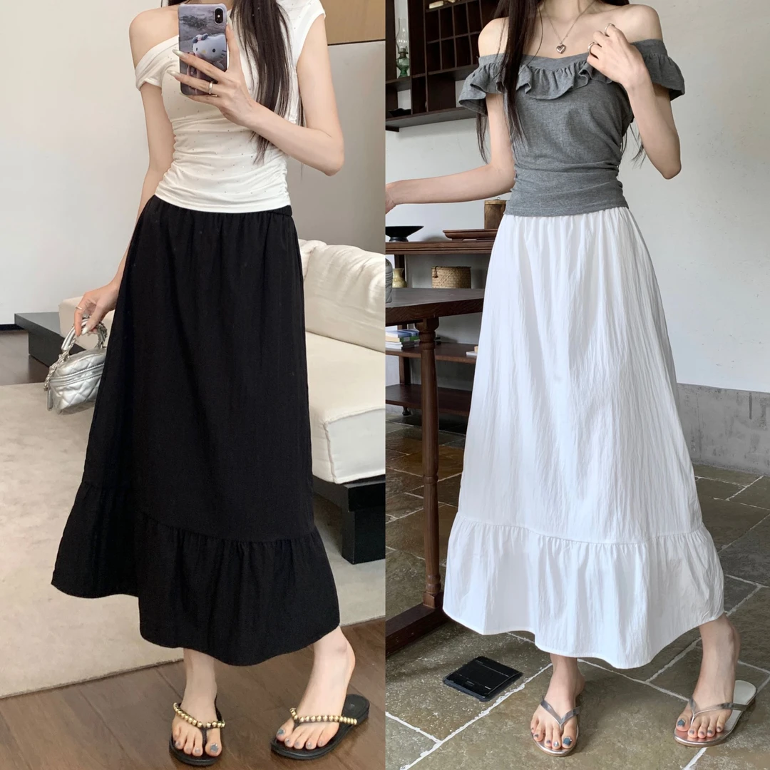 8048-夏女装显瘦微胖宽松白色百搭半身裙大码