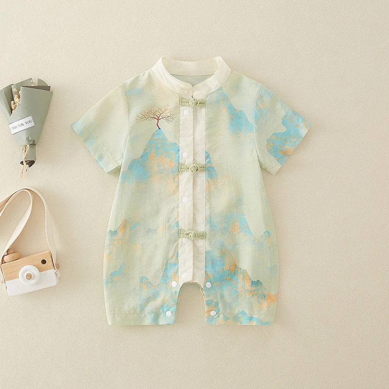 婴儿衣服夏季A类男宝宝夏装连体衣夏装山水画满月百岁宴周岁礼服