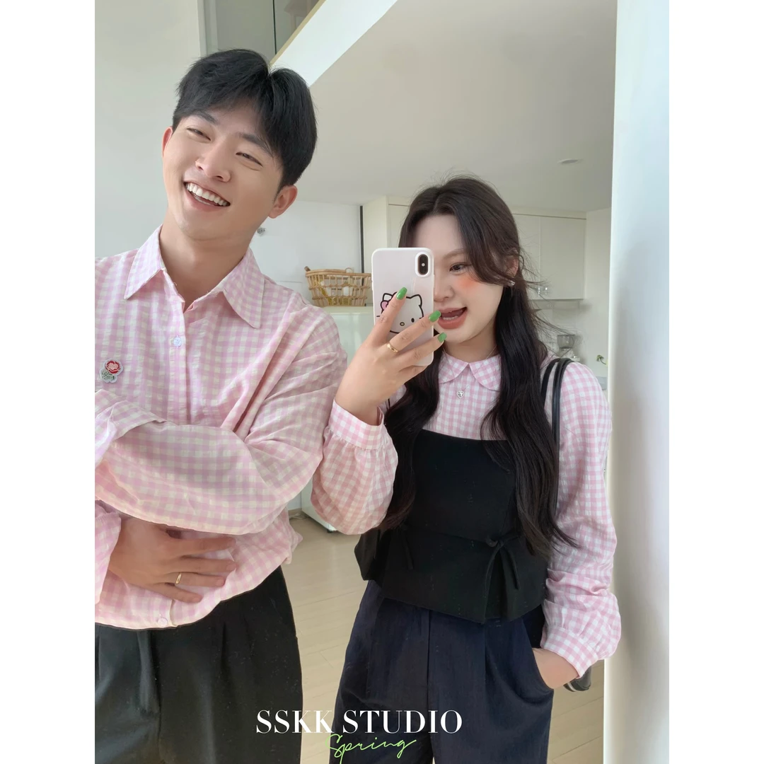 KMZY/KMZY山_山【博主叠穿衬衫】微胖mm早春韩版粉色皱皱感格子衬衫