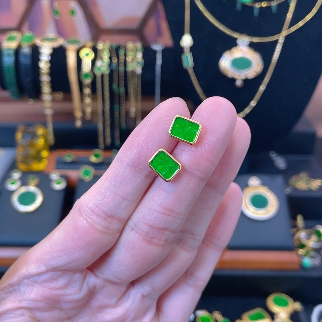 翡翠银S925镀金镶嵌耳饰