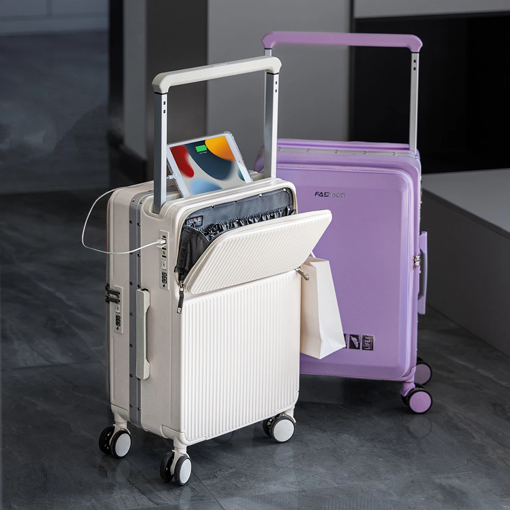 新款高端拉链铝框多功能双面开盖可坐防爆男女登机密码充电行李箱