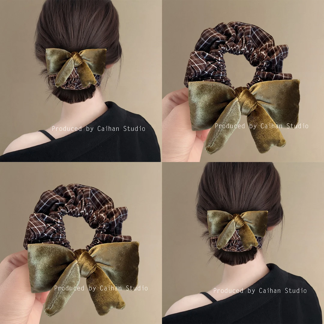 浓雾苔原~复古丝绒蝴蝶结发圈女高级感森系格纹头饰发绳旅行发卡