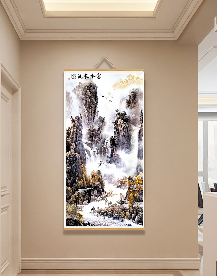 {76号富水长流}60x120cm现代简约挂轴装饰画办公室家居装饰画