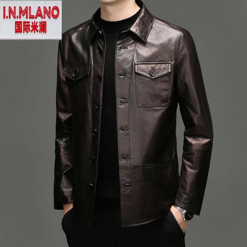 油蜡皮衣男士秋冬新款翻领高档海宁真皮商务中年休闲皮夹克男装潮