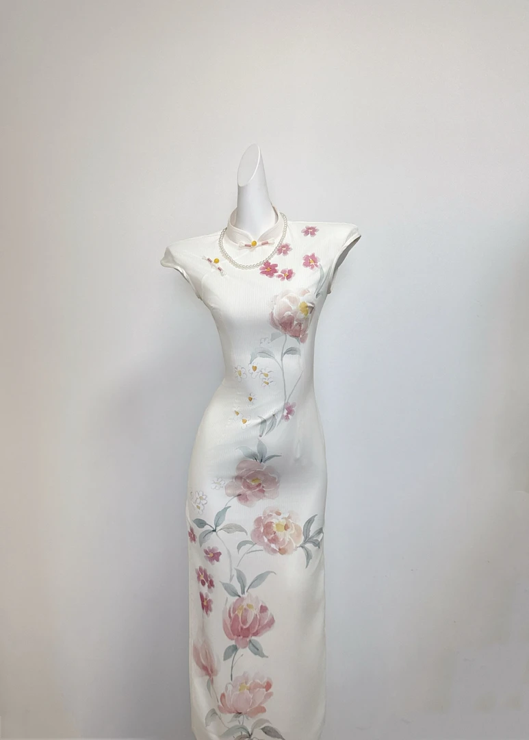 衣长-120春季新款改良新中式日常可穿米色雪纺月牙袖淑女旗袍