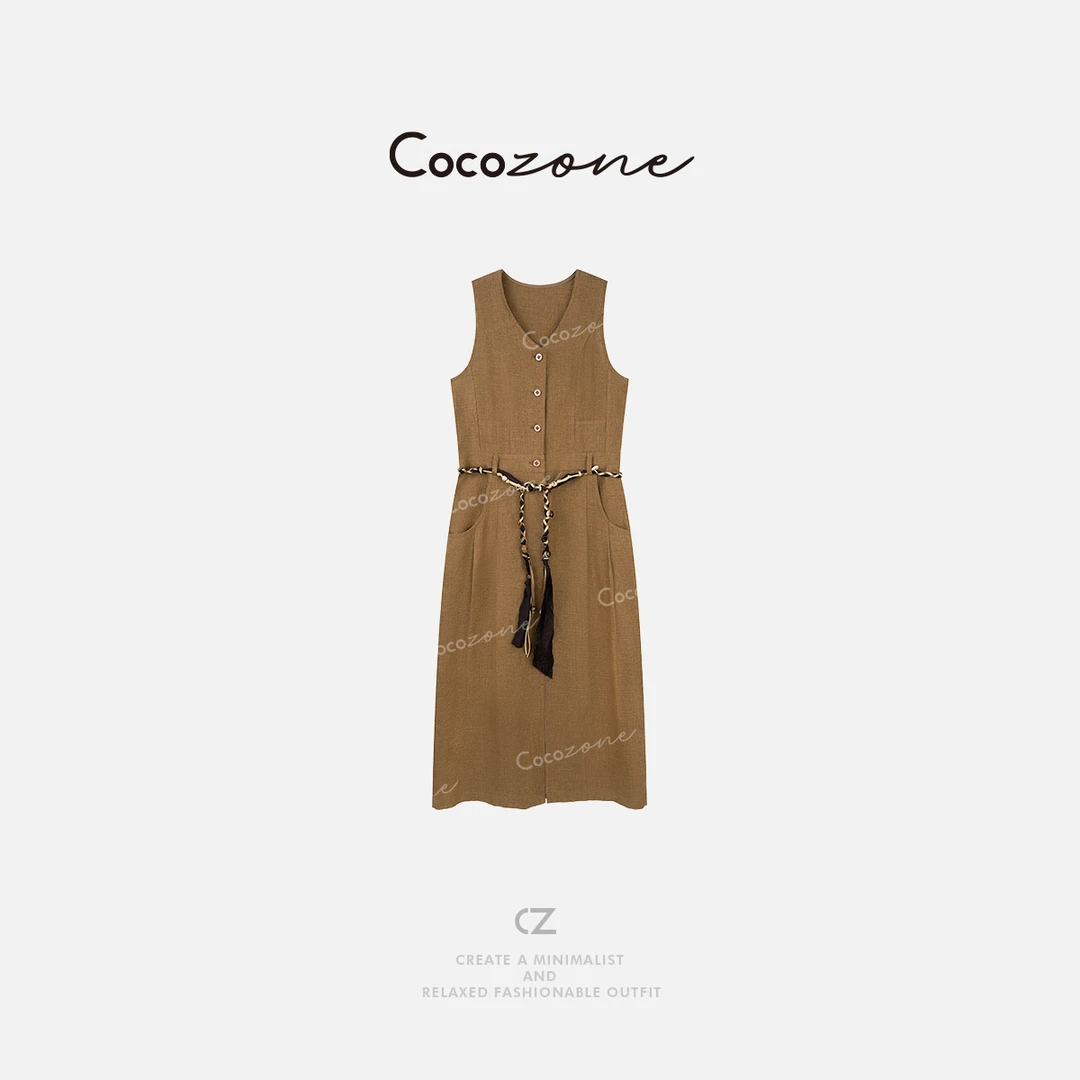 COCO ZONE 刘一一  【100亚麻】简约V领单排扣连衣裙CD2A1134