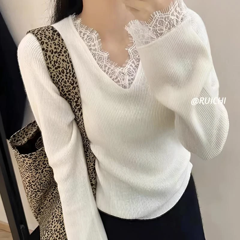 韩版通勤蕾丝V领2025秋季新款时尚打底衫针织衫长袖上衣女洋气
