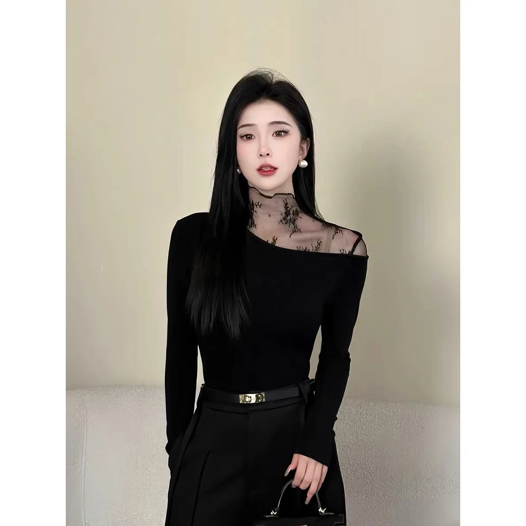 2026法式纯欲长袖蕾丝拼接女秋冬新款修身显瘦时尚穿搭上衣洋气