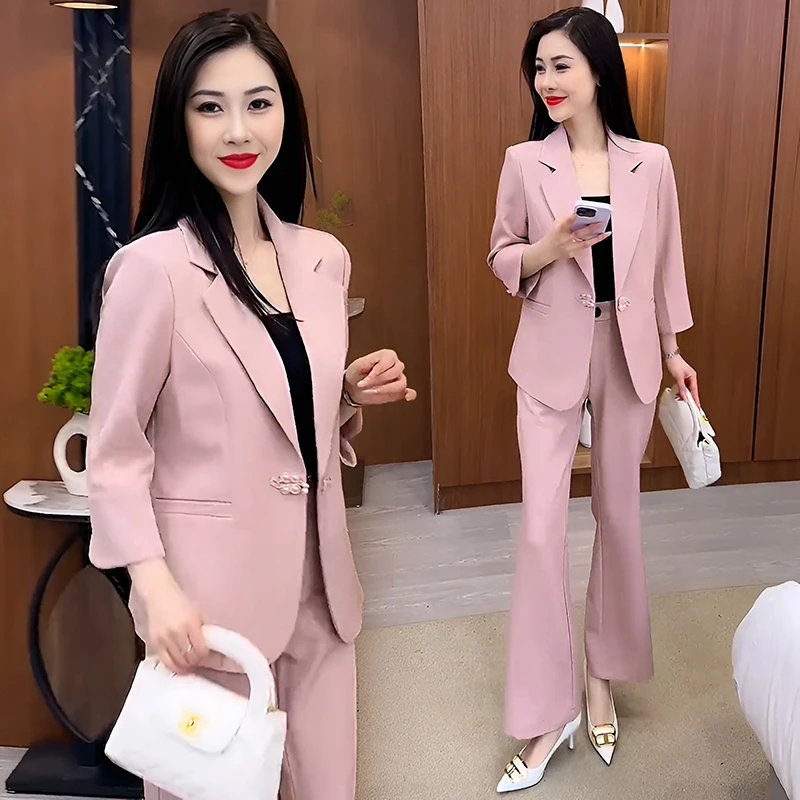 2025年春夏季新款国风盘扣西装套装女洋气质显瘦七分袖外套两件套