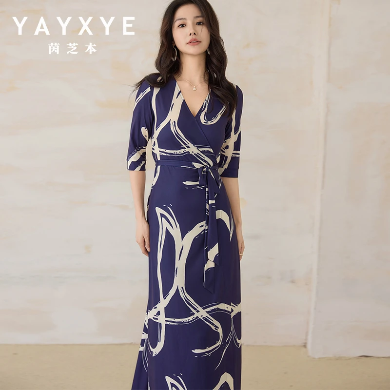 法国茵芝本INZB韩系松弛感线条印花蓝色连衣裙女长款a字裹身裙