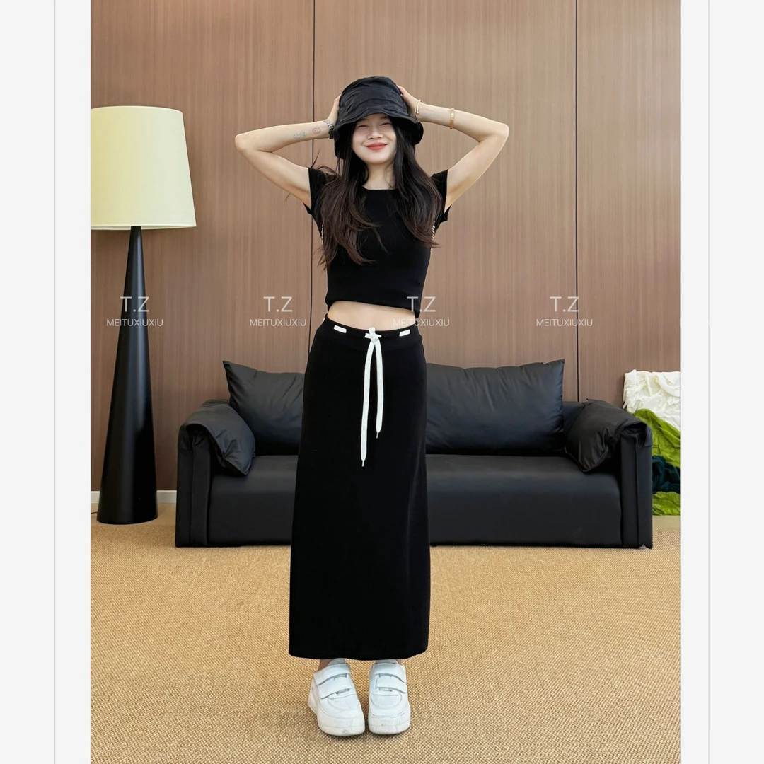 【婷子定制】~150小个子改版夏款韩系纸片人修身抽绳半身裙套装C605