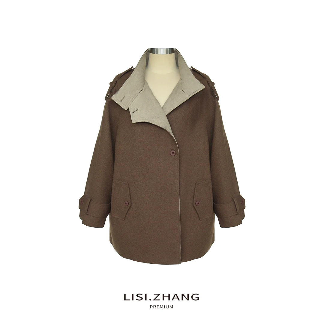 LISI.ZHANG--【立领毛呢外套】宽松茧型撞色翻领中长款毛呢外套上衣