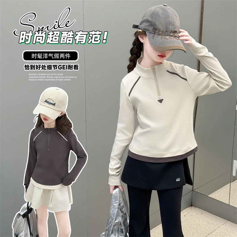 【酷哒仔】女童双色三角标半拉链打底衫上衣2025春秋中大童韩版童装