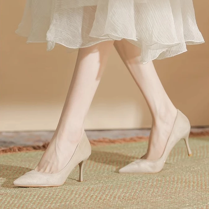 MAGUBA/玛古芭裸色绒面高跟鞋女细跟尖头高级感职业通勤工作女鞋