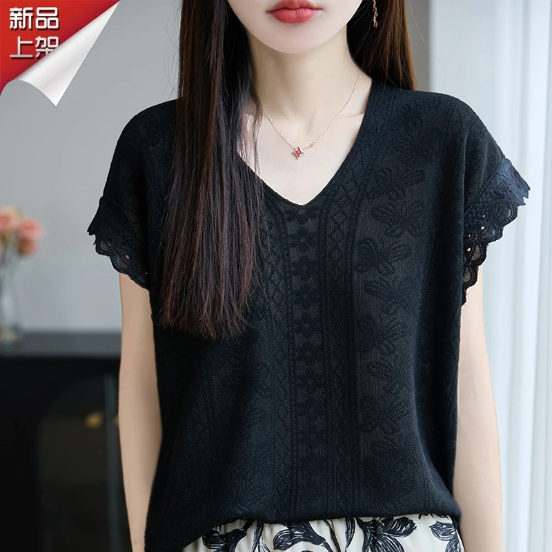 品牌夏季蕾丝花边V领莱赛尔针织短袖时尚提花镂空休闲纯色百搭T恤