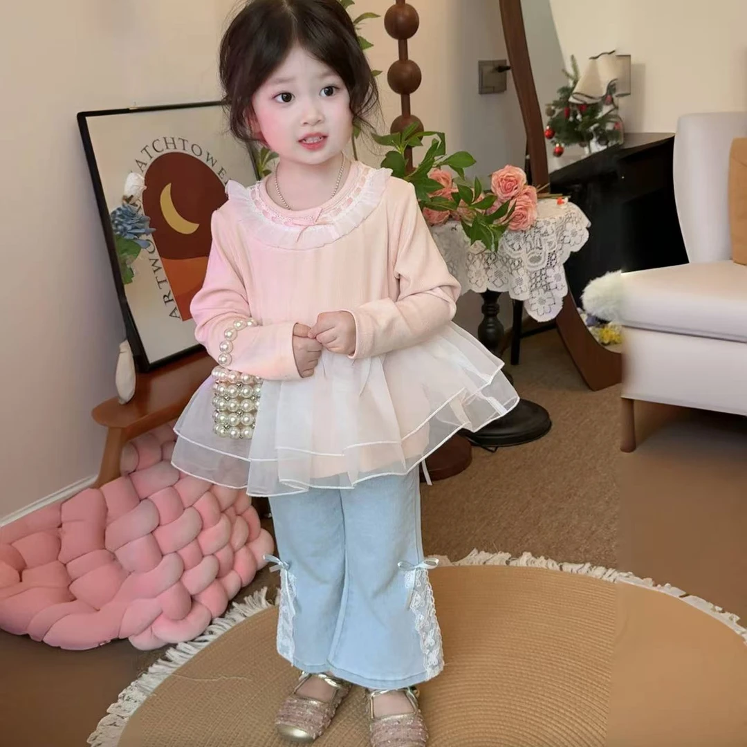 小女孩春季韩版小香风套装2025新款宝宝甜美粉纱裙T+喇叭牛仔裤潮