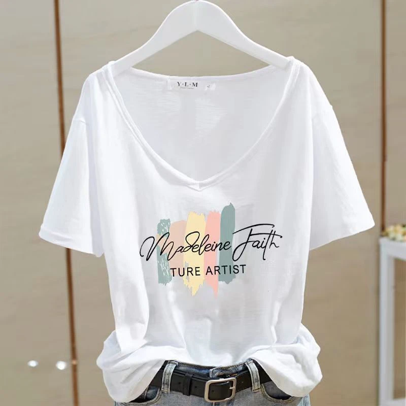 V领字母印花网红T恤短袖女纯棉夏欧洲站欧货宽松显瘦ins超火