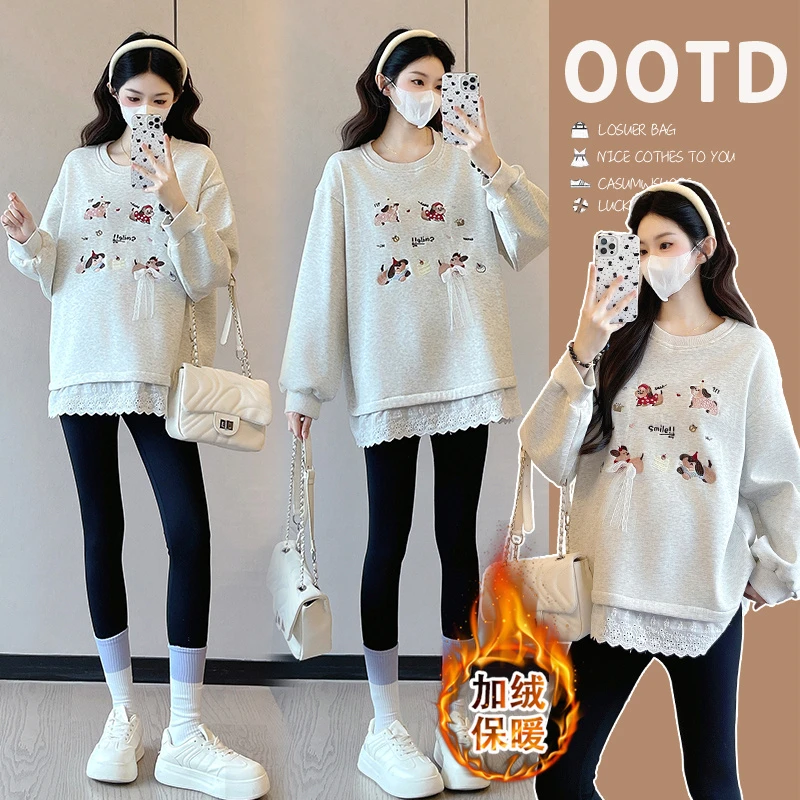 孕妇装秋冬加绒卫衣中长款时尚洋气卡通刺绣花边宽松休闲上衣外穿