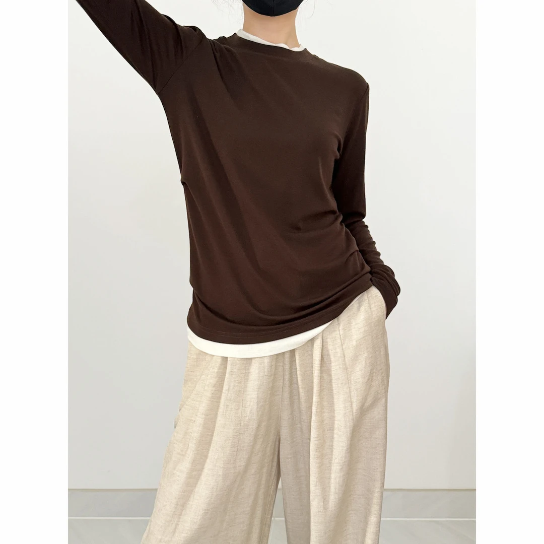 当下爆款撞色拼接面膜长袖恤打底衫女气质