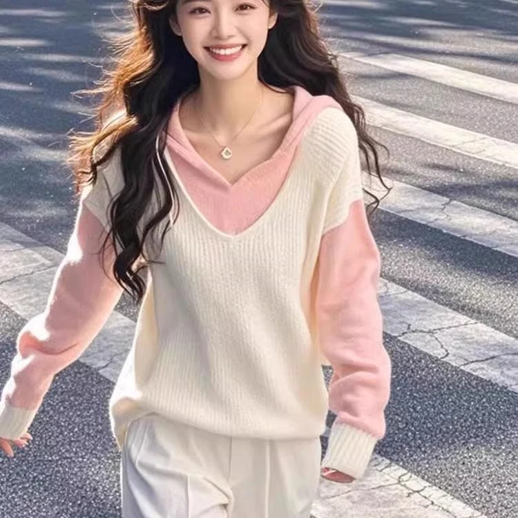 软糯洋气白拼粉假两件针织衫女2025新款多巴胺穿搭时尚百搭上衣