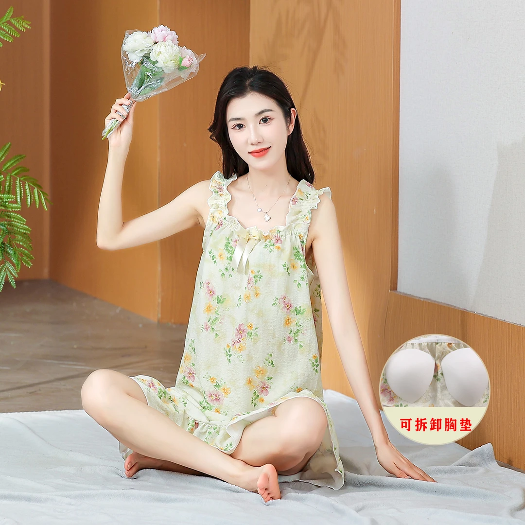 带胸垫2025新款夏季薄款婴儿棉吊带睡裙女甜美女士新款睡衣薄款