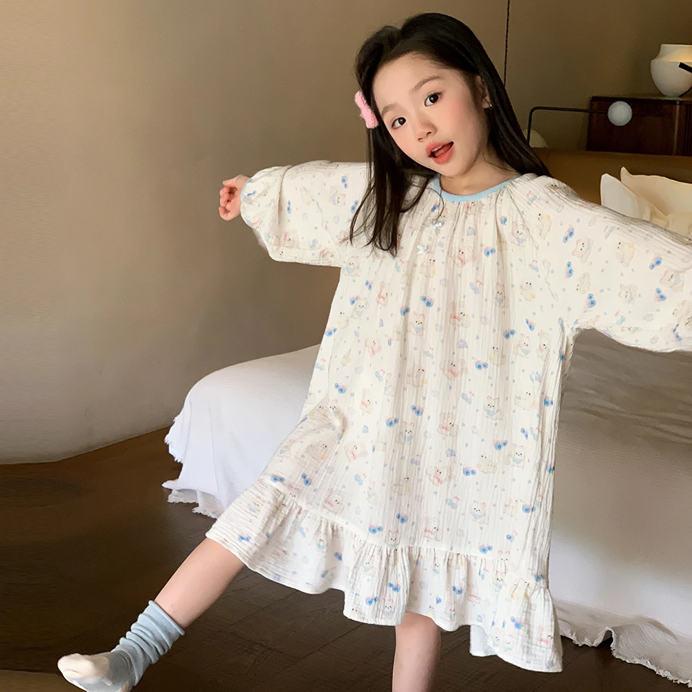女童睡衣纯棉棉纱春秋款儿童家居服全棉宝宝睡裙棉纱睡衣儿童59