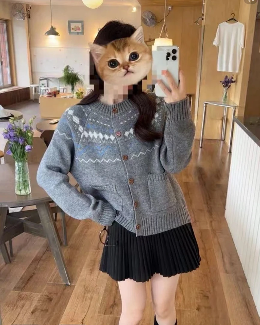 宽松慵懒复古提花费尔岛圆领针织开衫女春秋宽松软糯百搭毛衣