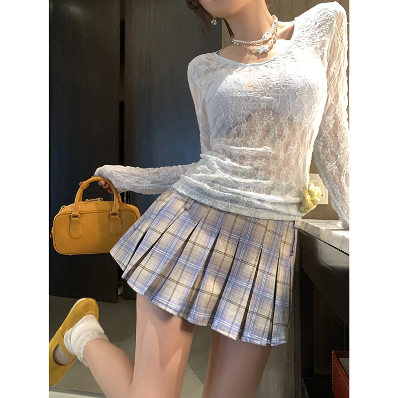 【女高私服】学院风蓝色格子百褶短裙女高腰半身裙4137