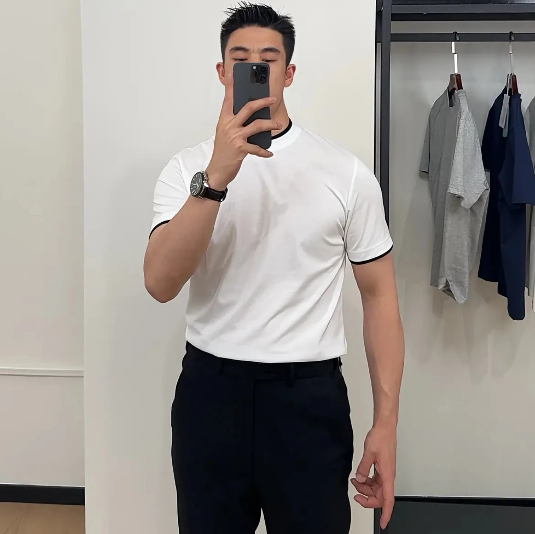 个性短袖T恤男男士夏季休闲短袖T恤时尚百搭修身圆领撞色领假两件