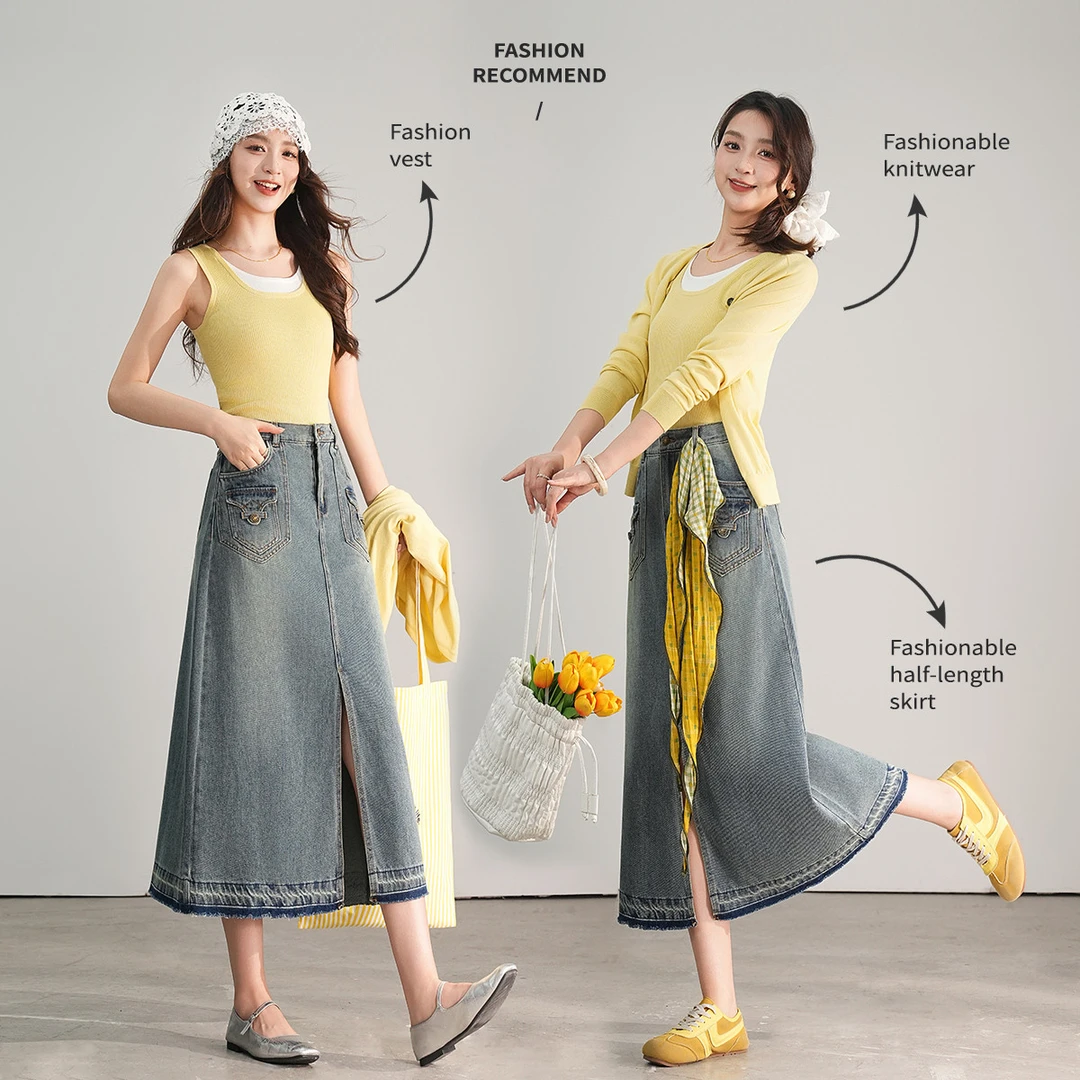 【商场同款新品】白鹿语春秋复古高腰长款无弹开叉女半身裙HY20158